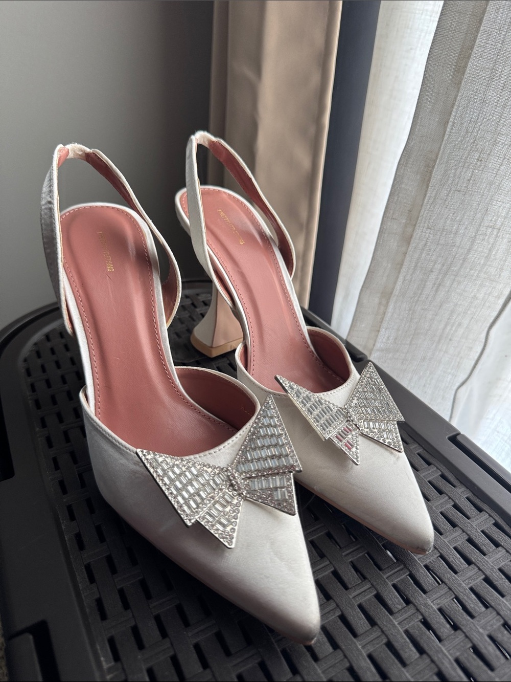 Rebecca Minkoff Ivory Satin Pointed Slingback Heels with Crystal Accents